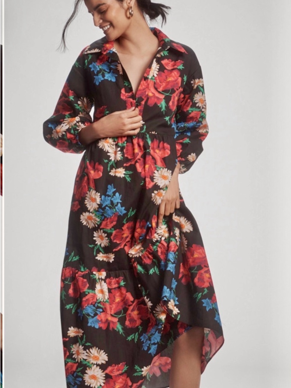 Maeve Black Floral Midi Dress with Red, Blue & Cream Blooms